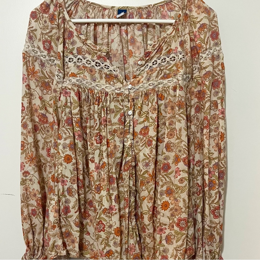 Old Navy Large Orange Tan Cream Floral Button-Up Boho Blouse Top 3/4 Sleeve